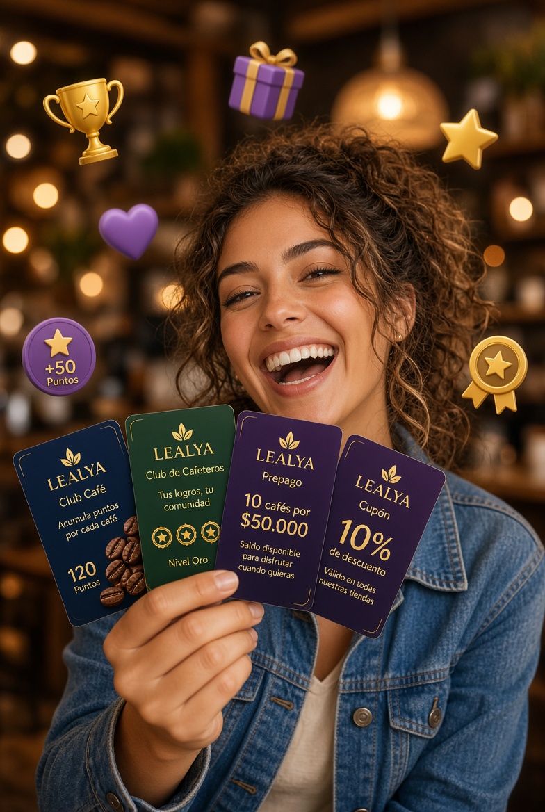 Cliente feliz mostrando sus tarjetas LEALYA